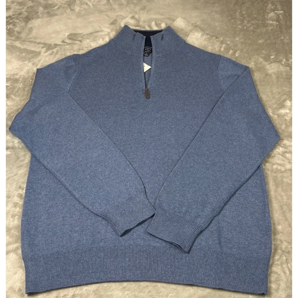 J.Crew Cotton Quarter Zip Sweater Heather Blue Mock Neck Pullover Mens L NWT